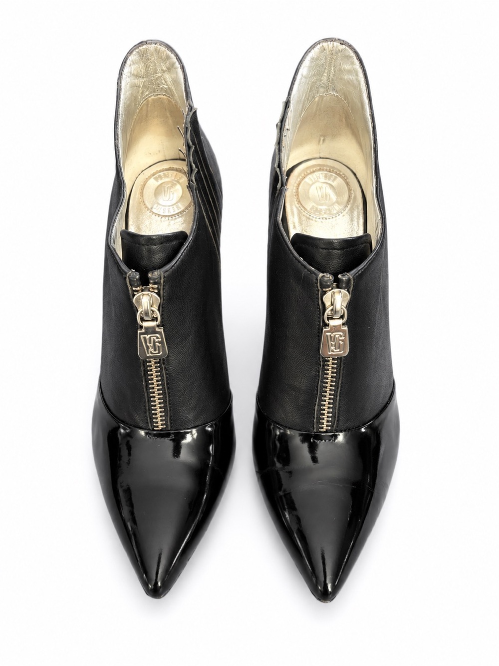 Versus by Versace Black Leather Patent Pointed Toe Zip Ankle Booties EU 37 Made
